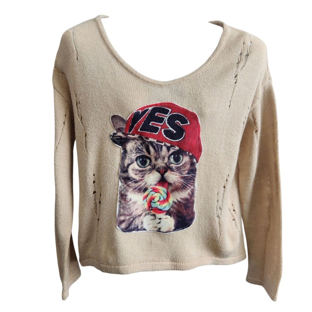 Y2K-Whimsical Yes Cat Lollipop V-Neck Sweater-Shred Knit-Beige-OS-Grunge-Novelty